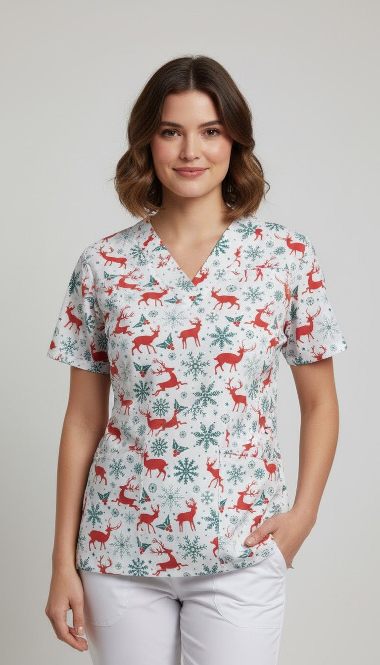 Bluza medicala dama imprimeu reni si stelute de zapada – MedicalWear.ro