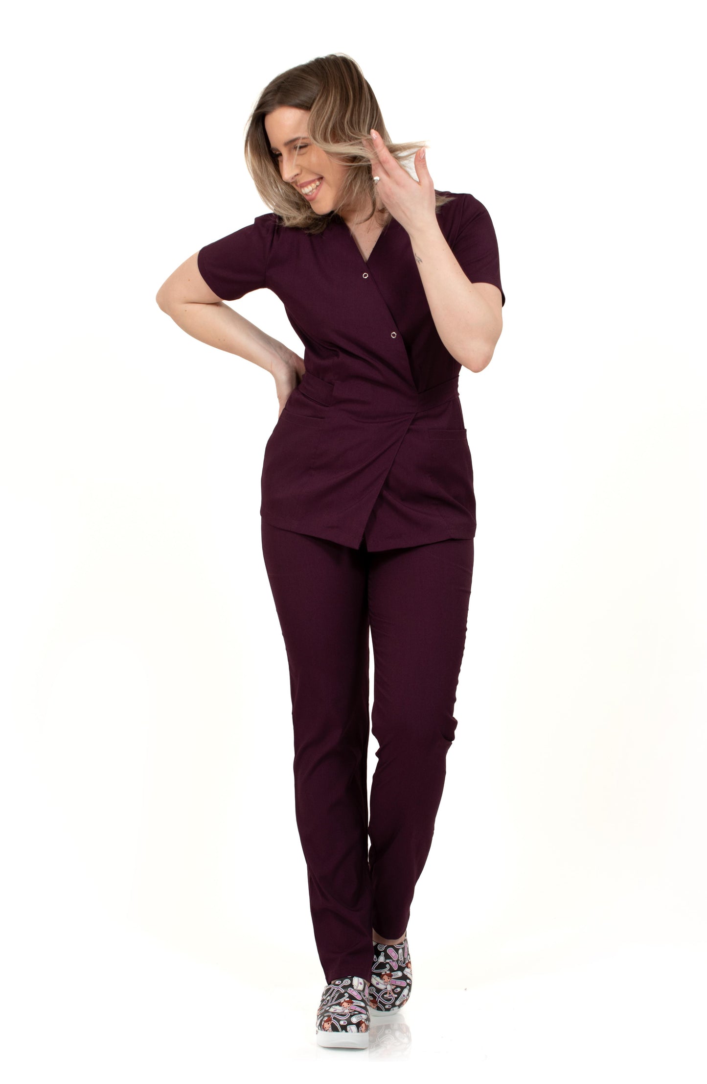 Costum Medical Kimono Elastan Pentru Femei, Culoarea Grena - Sour Cherry