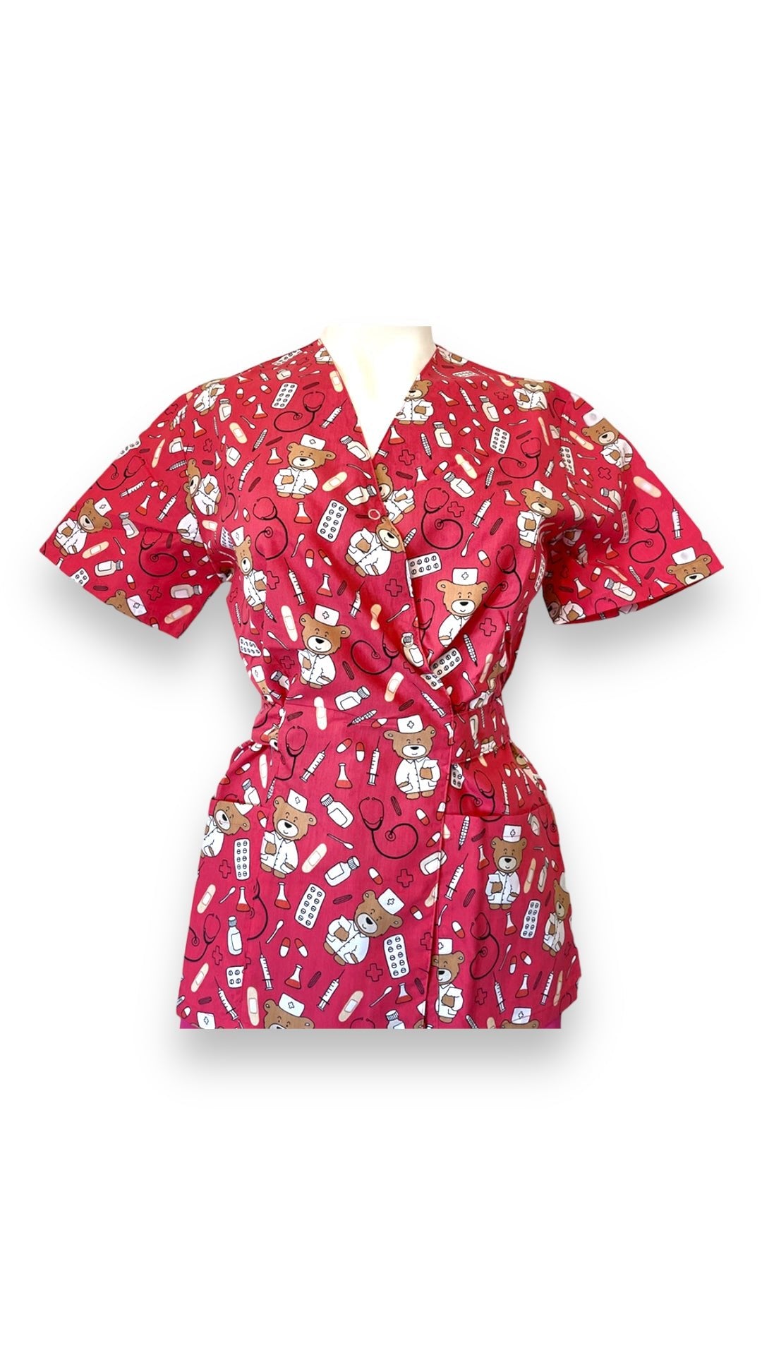 bluza medicala kimono rosu cu imprimeu ursu Teddy