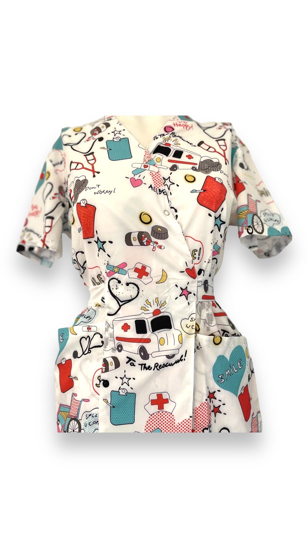 bluza medicala kimono alba cu imprimeu ambulanta