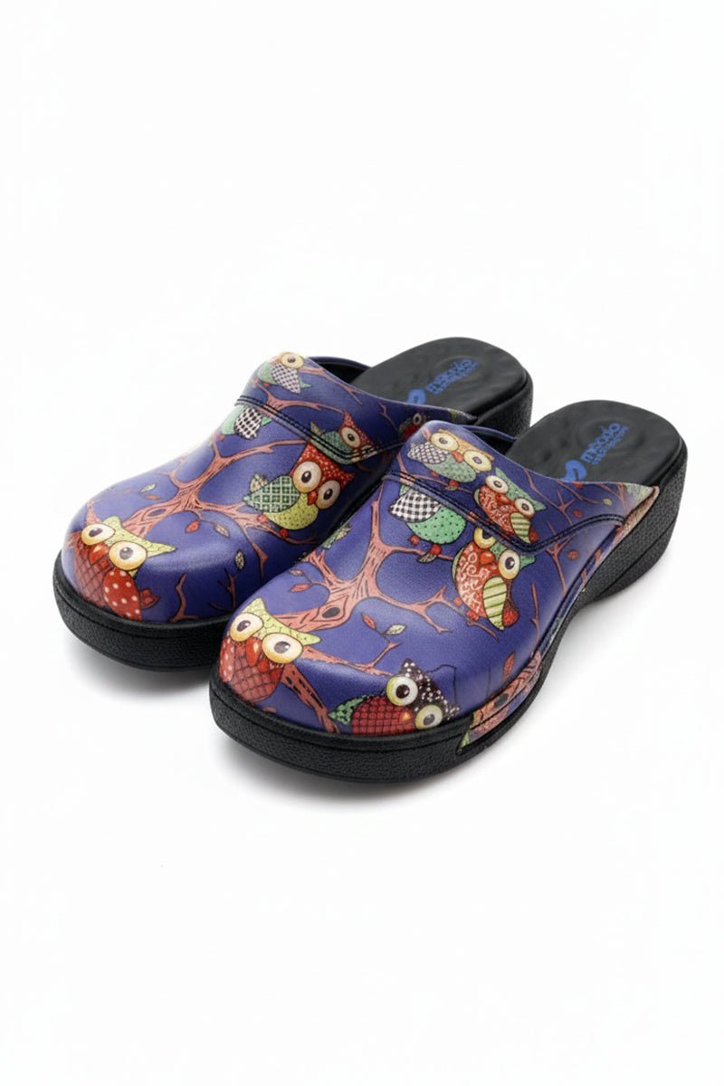 Navy blue orthopedic medical clogs with print, unisex - Bufnita comfort model