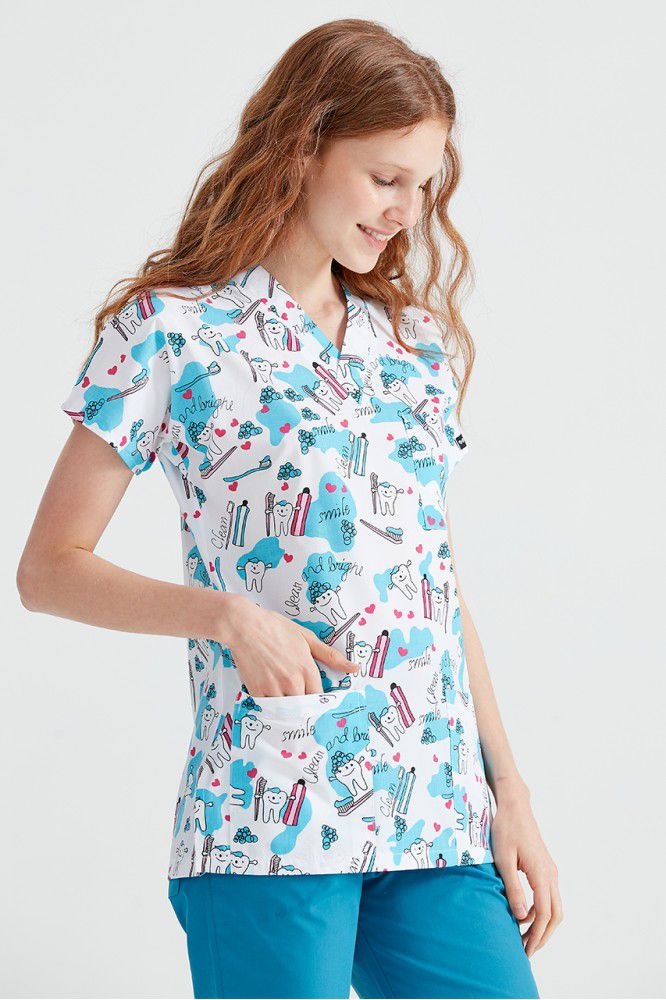 Bluza Medicala Alba cu Imprimeu, Pentru Femei - Model Teeth and Toothpaste