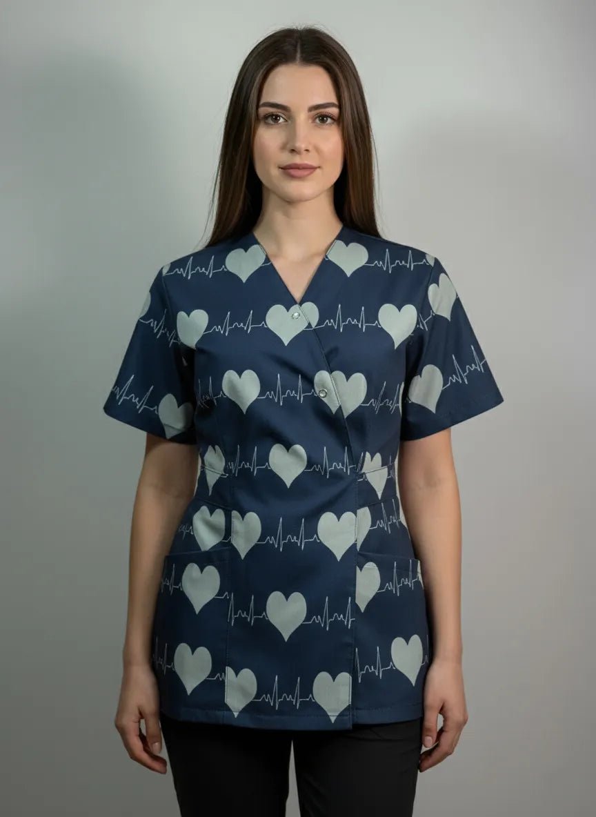 Elasztán kimonó orvosi blúz, kék mintával, női - Rhythm orvosi egyenruha modell