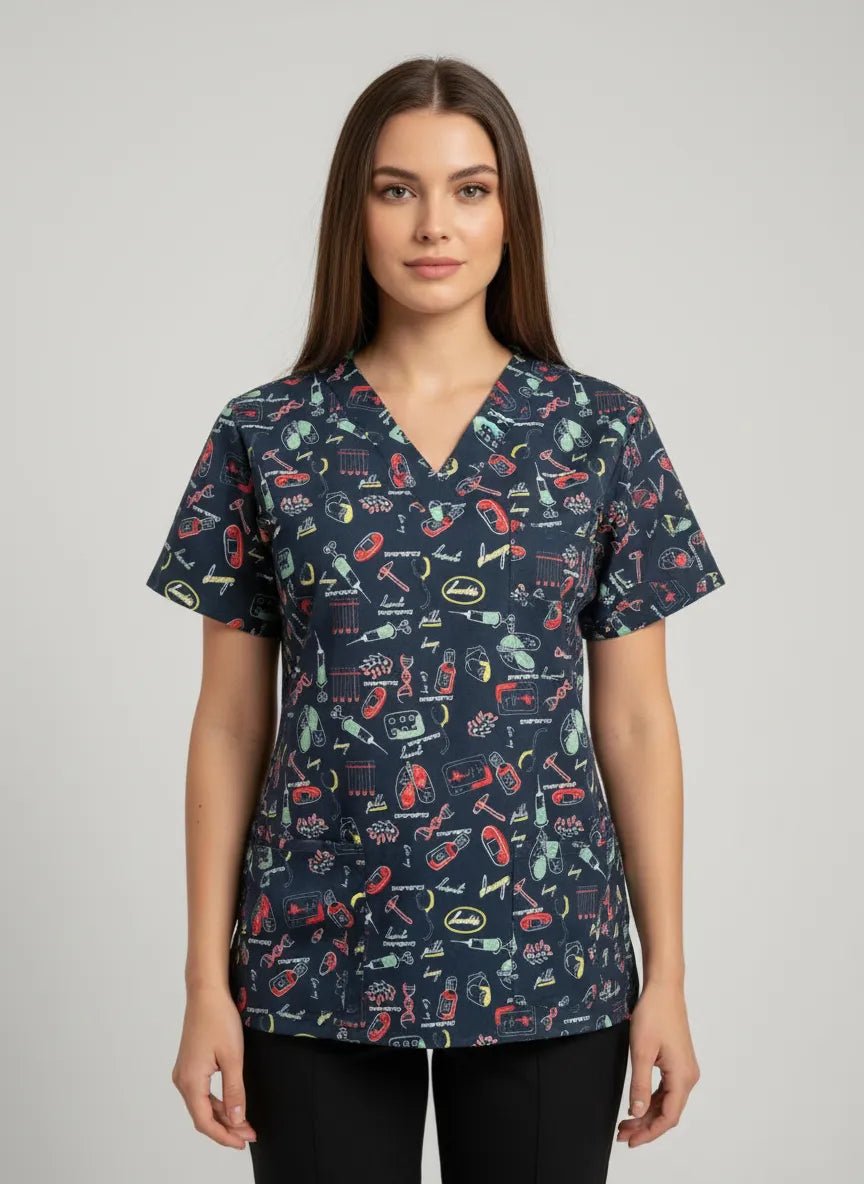 Bluza Medicala Elastan cu Imprimeu, Femei - Model Uniforma Medicala Seringa Fumme