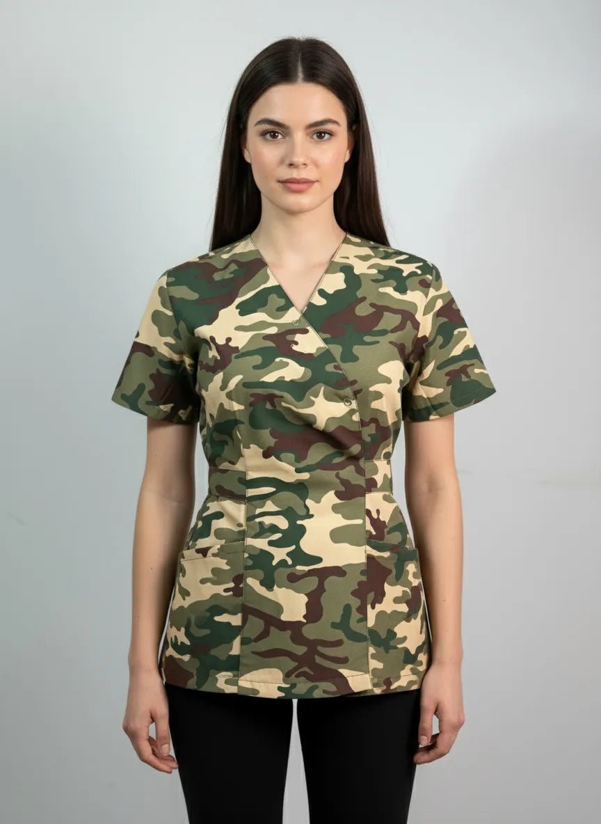 Bluza Medicala Kimono, Verde cu Imprimeu, Femei - Model Uniforma Medicala Armata