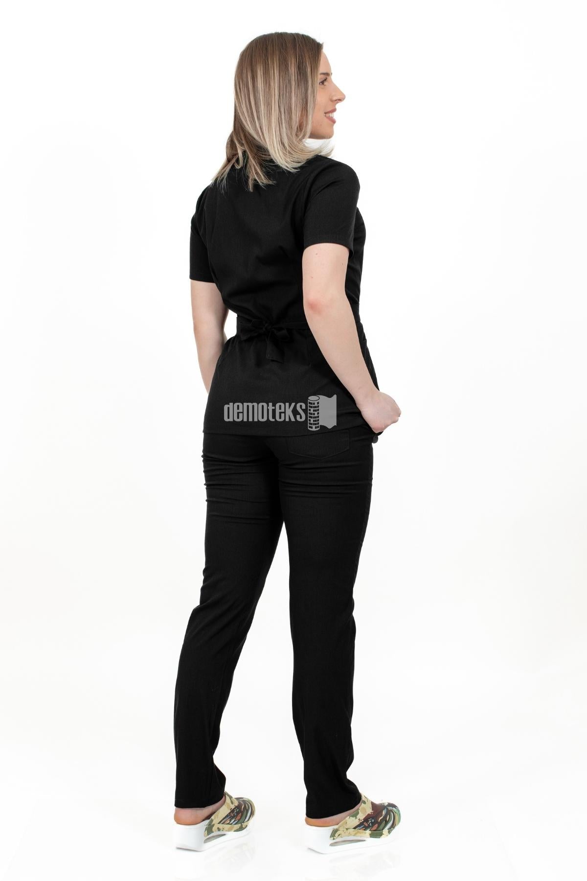 Costum Medical Kimono Elastan Pentru Femei, Culoarea Neagra