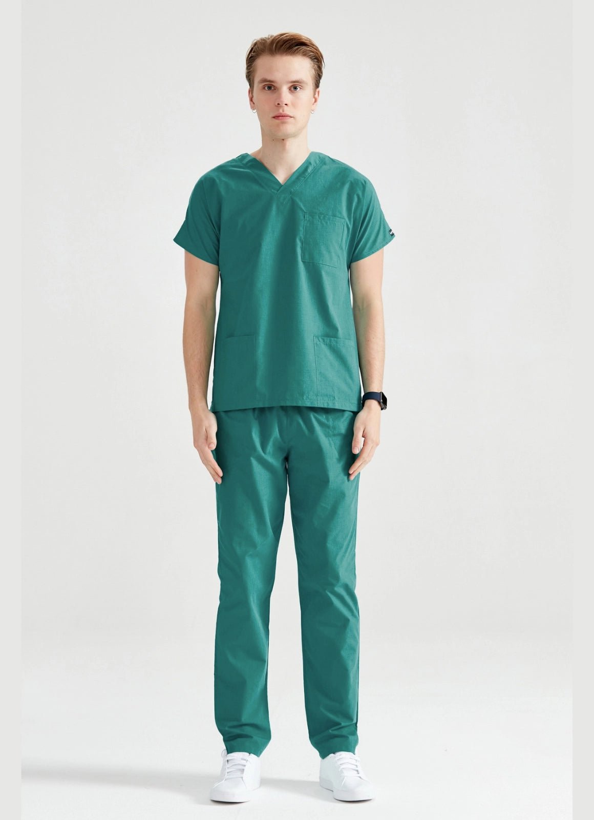 Orvosi asszisztens férfi orvosi öltönyben, klasszikus, Surgical Green, profilnézet