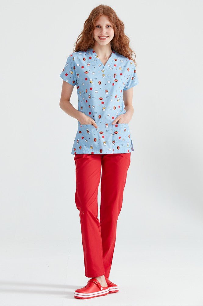 White medical blouse with print, for women - Hello Kitty model