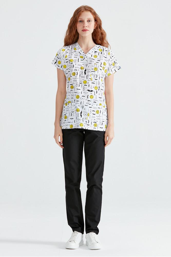 White Medical Blouse with Print, For Women - Mustache Model