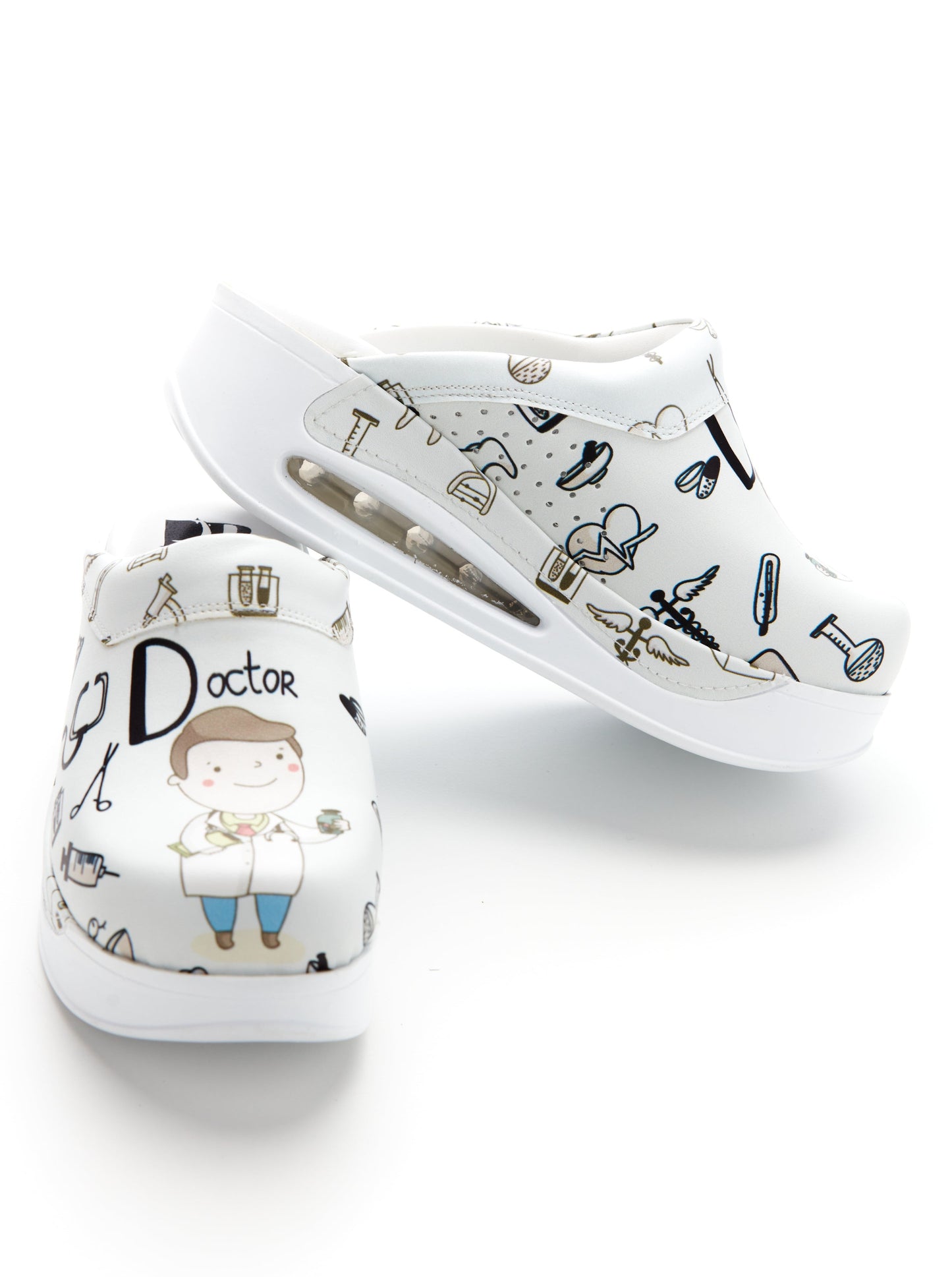 White orthopedic medical clogs with print, unisex - Airmax Doctor White model