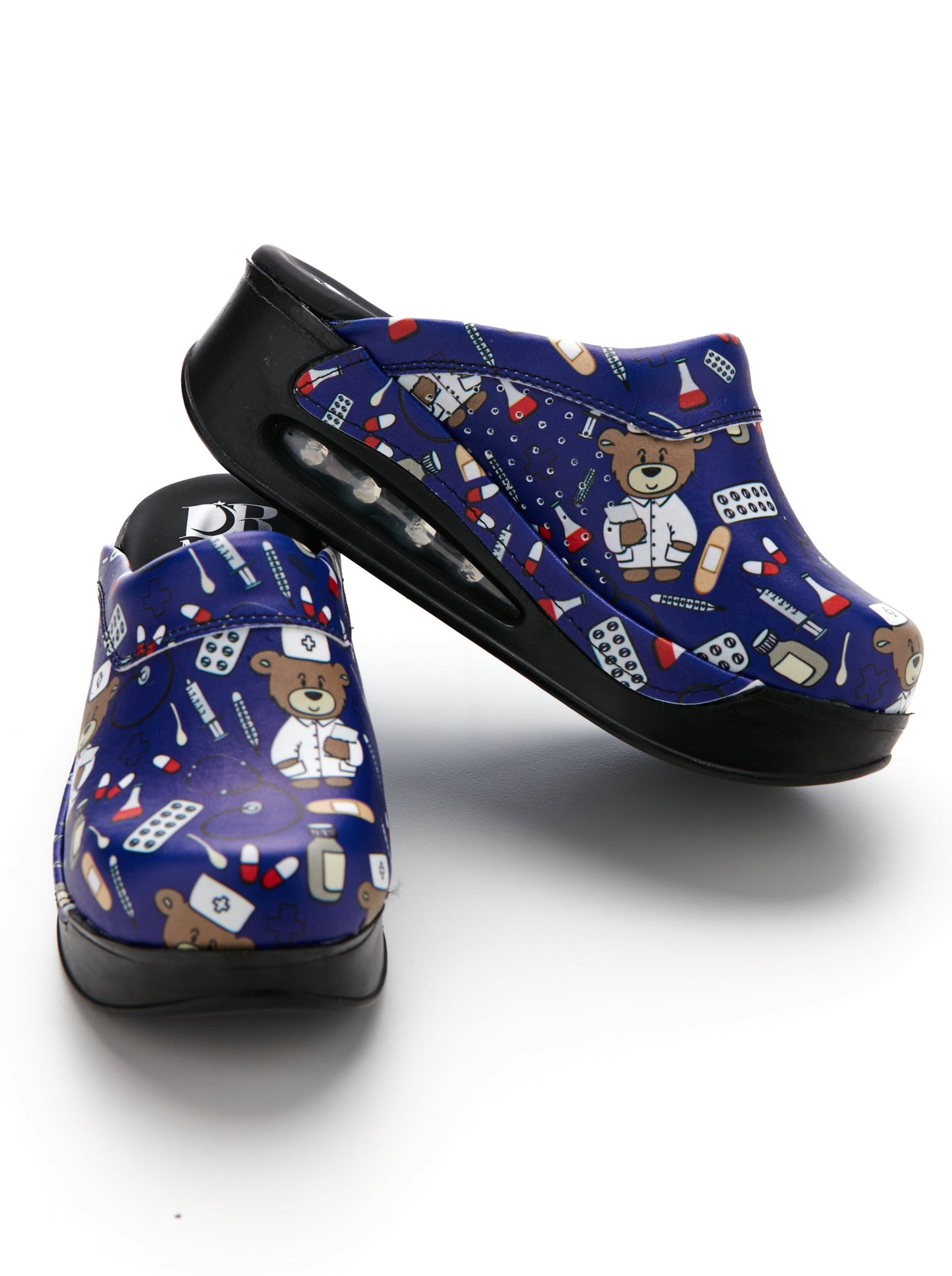 Orthopedic Medical Clogs, Blue with Print, Women - Airmax Teddy Bear Model