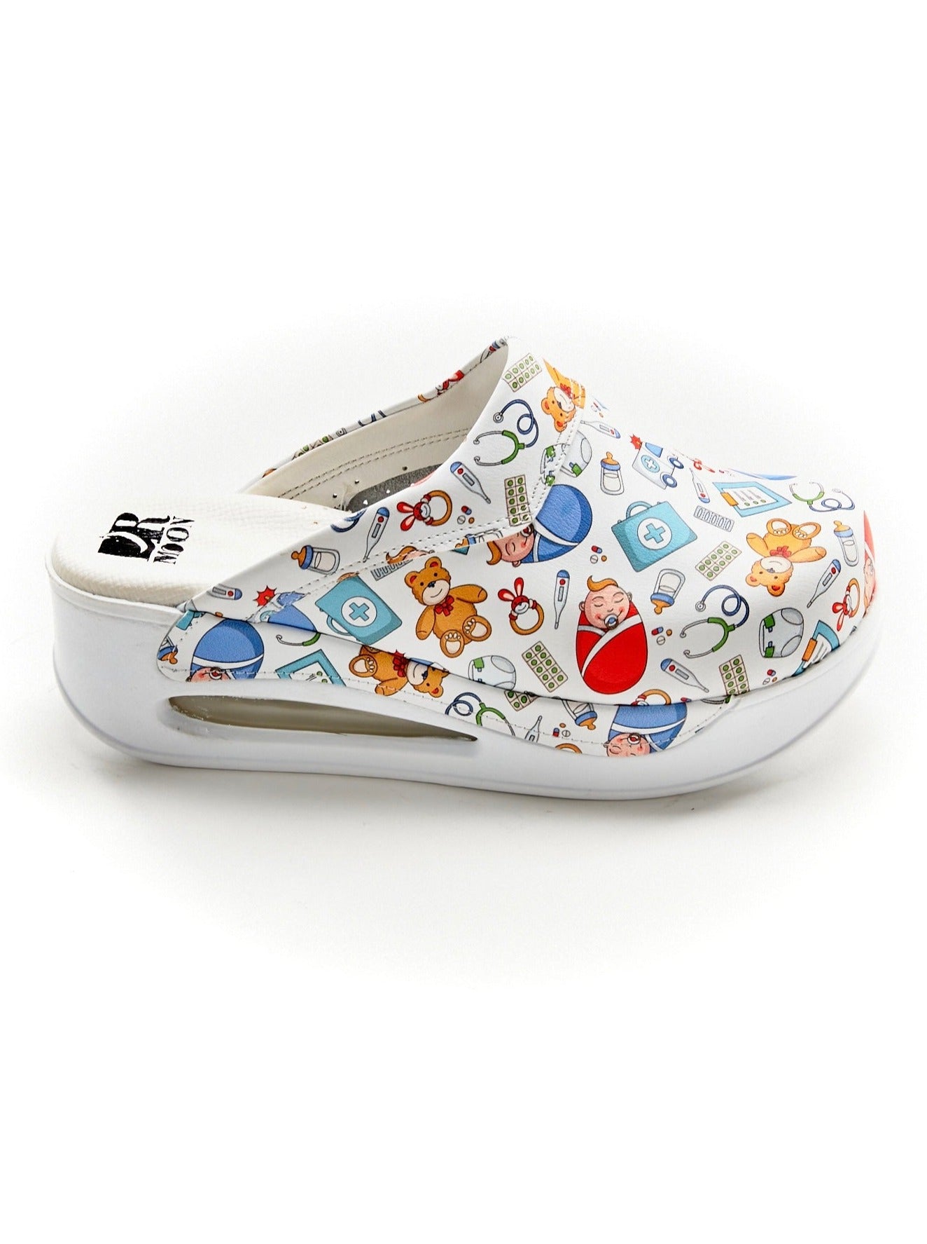 Orthopedic Medical Clogs, White with Print, Unisex - Airmax Nurse Model