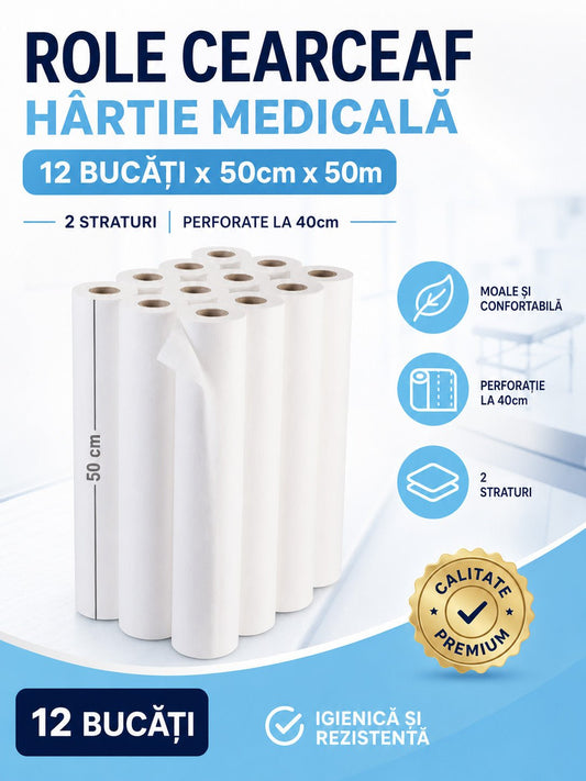 Set 12 Buc - Role Cearceaf Hartie 50cm x 50m, 2 Straturi, Perforate la 40cm