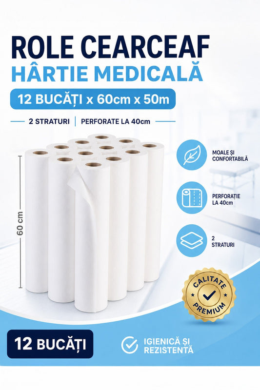 Set 12 Buc - Role Cearceaf Hartie 60cm x 50m, 2 Straturi, Perforate la 40cm
