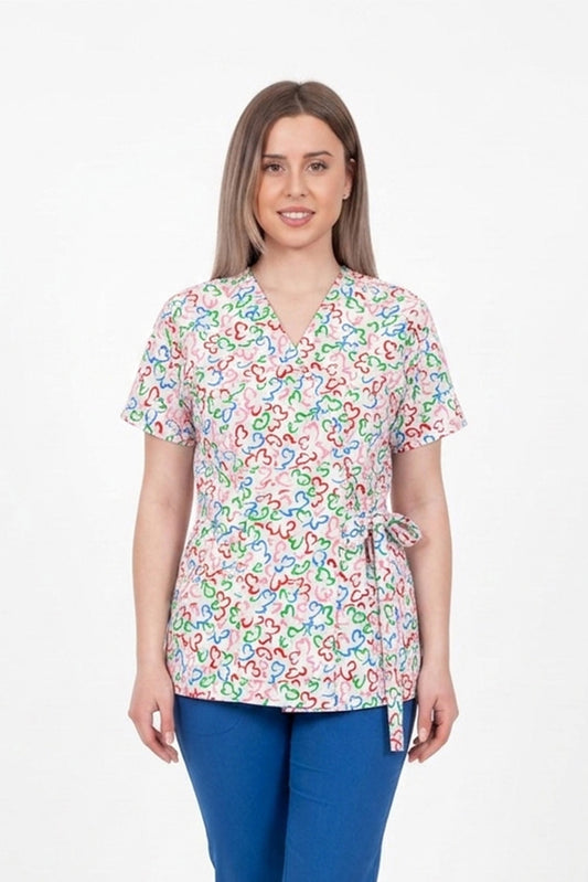 Bluza Medicala Kimono, Alb cu Imprimeu, Femei - Model Uniforma Medicala Inimi Multicolor