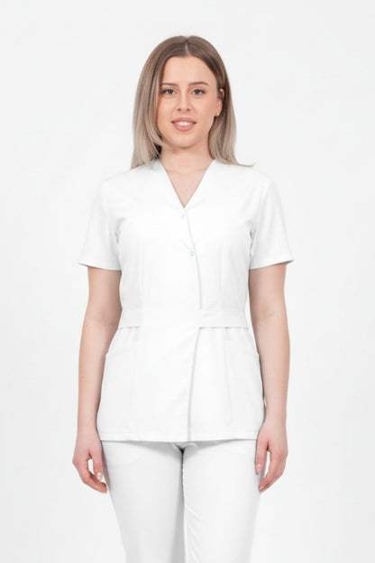 Bluza Medicala Kimono Elastan Pentru Femei, Uniforma Medicala, Culoarea Alba