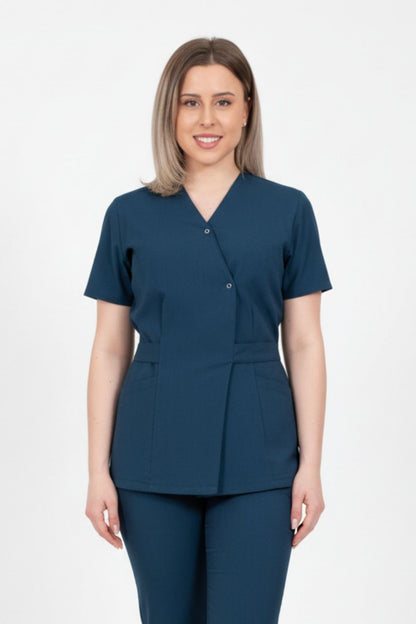Bluza Medicala Kimono Elastan Pentru Femei, Uniforma Medicala, Culoarea Albastra Indigo