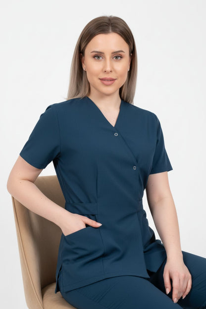 Bluza Medicala Kimono Elastan Pentru Femei, Uniforma Medicala, Culoarea Albastra Indigo