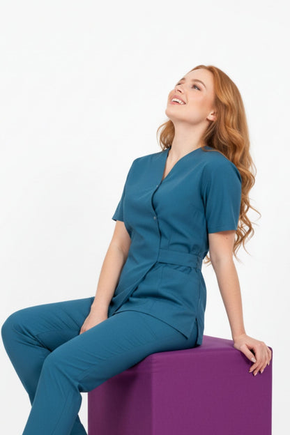 Bluza Medicala Kimono Elastan Pentru Femei, Uniforma Medicala, Culoarea Albastra Petrol