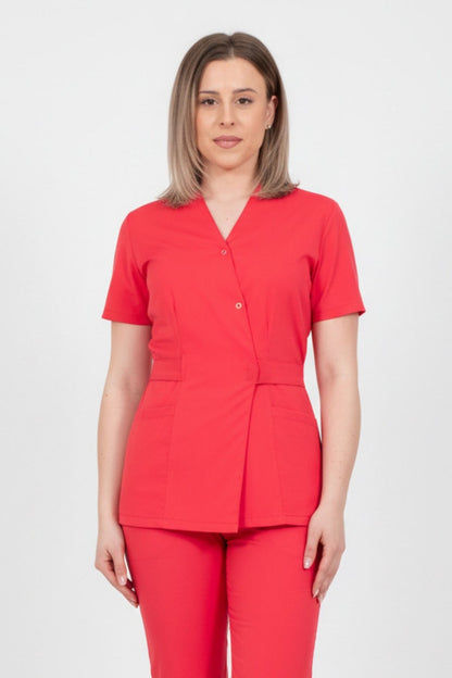 Bluza Medicala Kimono Elastan Pentru Femei, Uniforma Medicala, Culoarea Rosu Corai