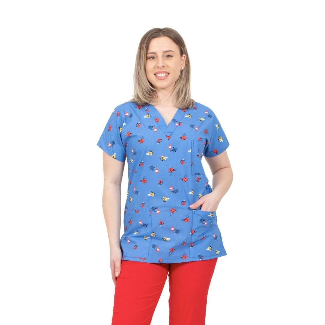 klasszikus kék orvosi blúz Ladybug Medical Uniform mintával
