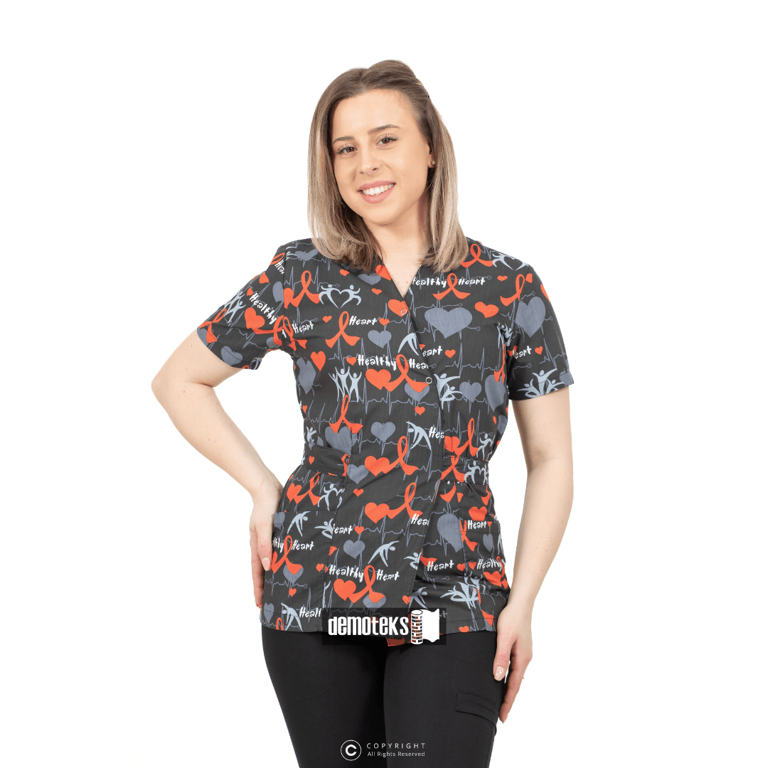 Bluza Medicala Kimono, Negru cu Imprimeu, Femei - Model Cardio