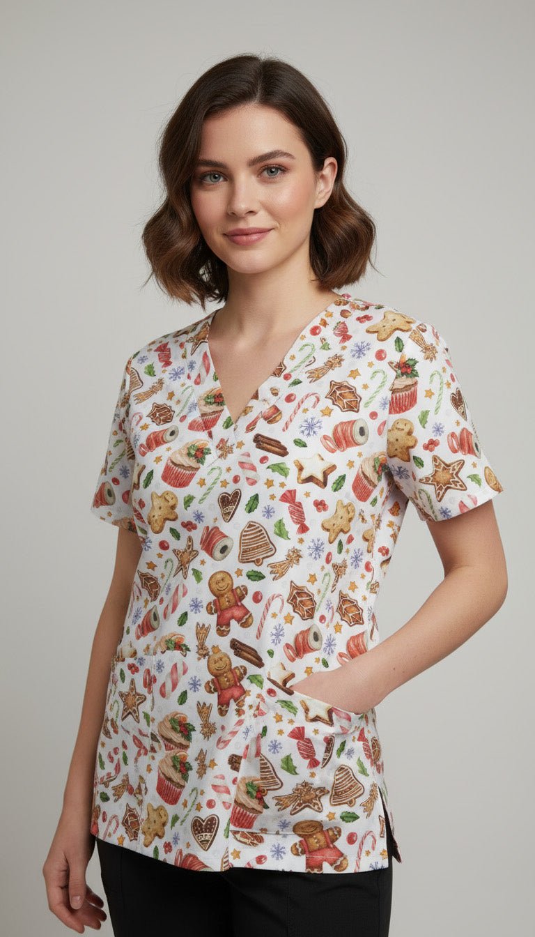 Bluza medicala dama cu imprimeu turta dulce si briose de Craciun