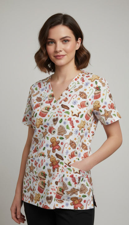 Bluza medicala dama cu imprimeu turta dulce si briose de Craciun