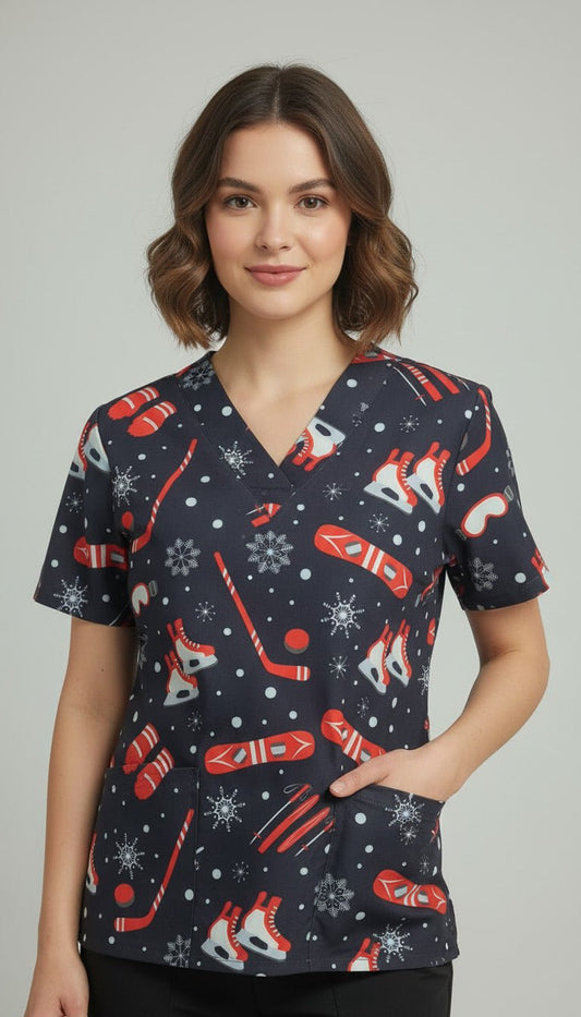 Bluza medicala albastra cu imprimeu patinaj si zapada