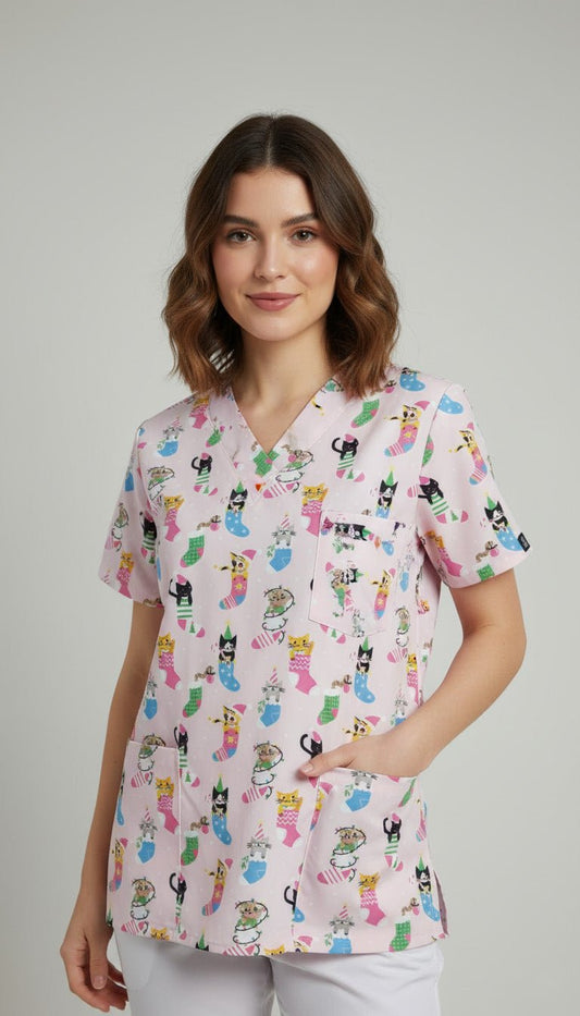 Bluza medicala roz cu imprimeu pisici si ciorapi colorati – uniforma medicala dama