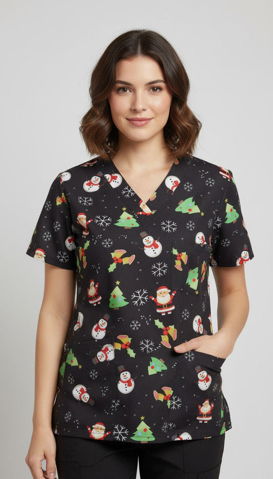 Bluza medicala neagra cu imprimeu Mos Craciun si brazi de iarna