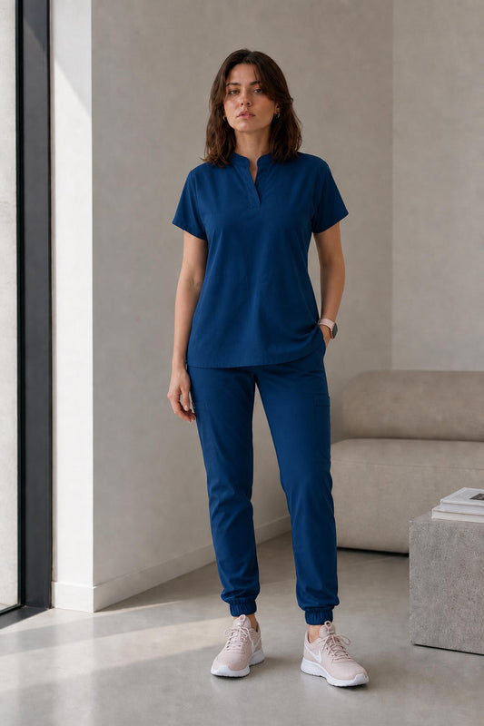 Asistenta medicala purtand bluza uniforma medicala albastru indigo unisex, model Scrub Activity, vedere din fata
