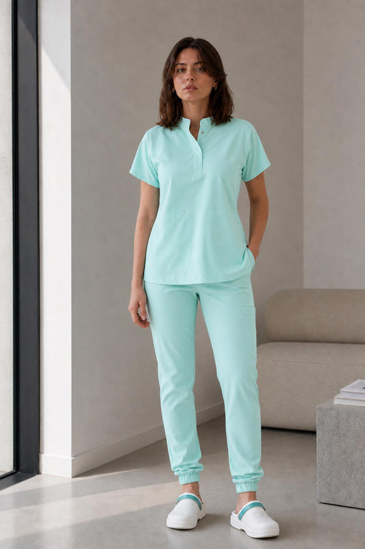 Asistenta medicala purtand bluza uniforma medicala verde menta unisex, model Scrub Activity, vedere din fata
