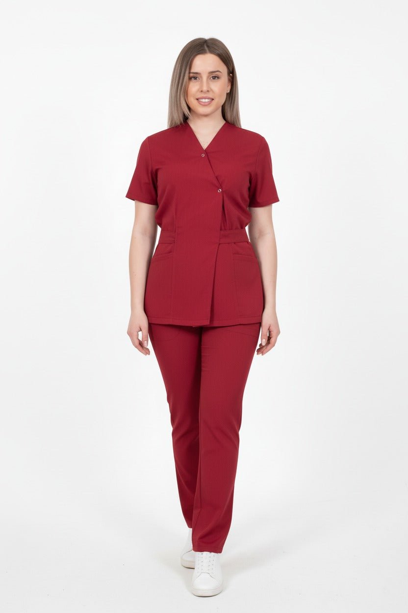 Costum Medical Kimono Elastan Pentru Femei, Culoarea Bordo