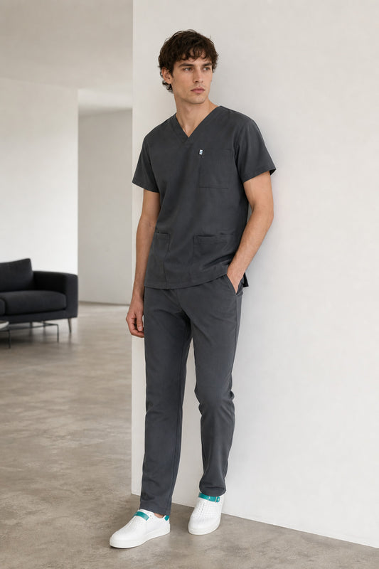 Costum Medical Elastan, Gri Inchis, Pentru Barbati - Dark Grey - Model Classic Flex