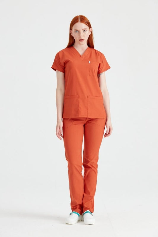 Costum Medical Elastan Caramiziu, Pentru Femei - Model Classic Flex