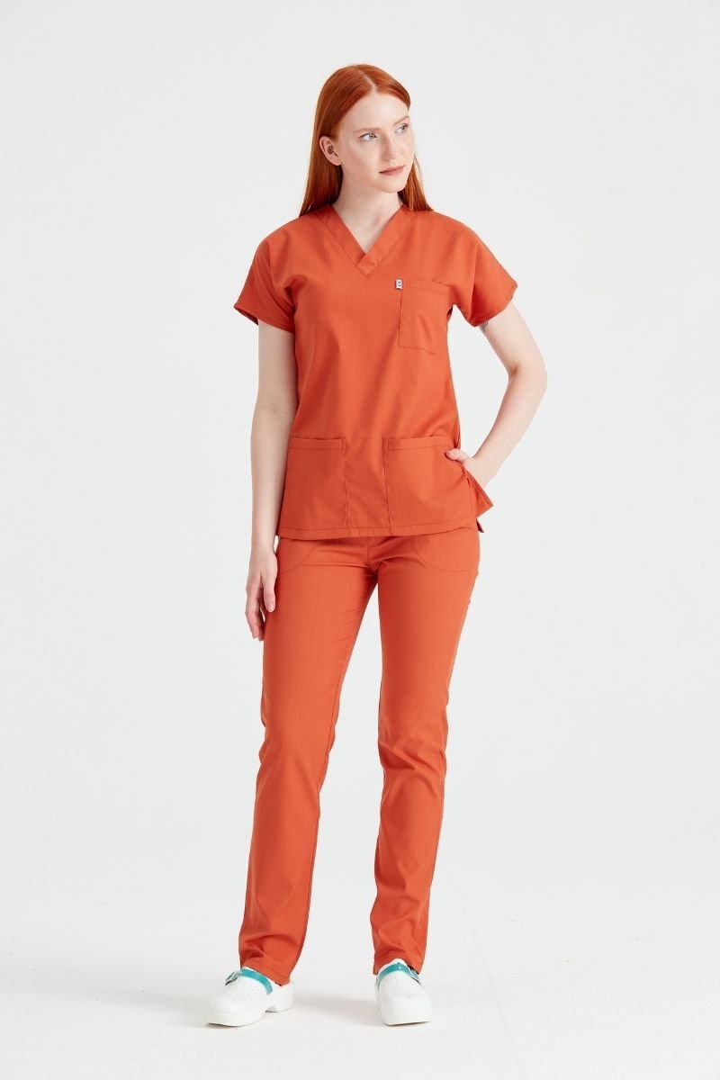 Costum Medical Elastan Caramiziu, Pentru Femei - Model Classic Flex