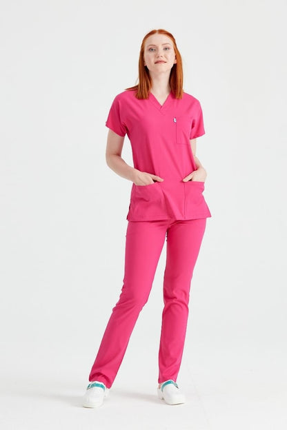 Costum Medical Elastan Roz Fuchsia, Pentru Femei - Model Classic Flex