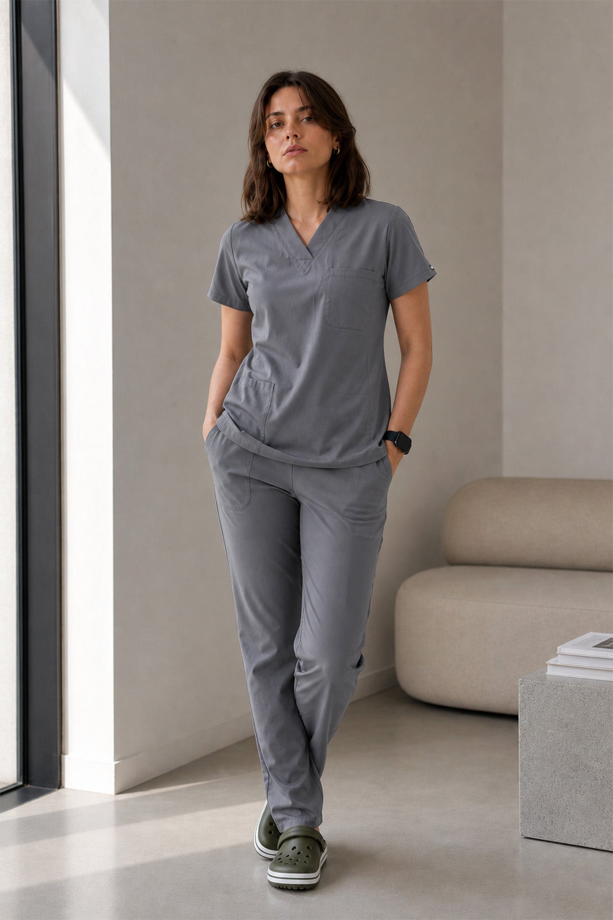 Costum Medical Elastan Gri, Pentru Femei - Grey - Model Classic Flex