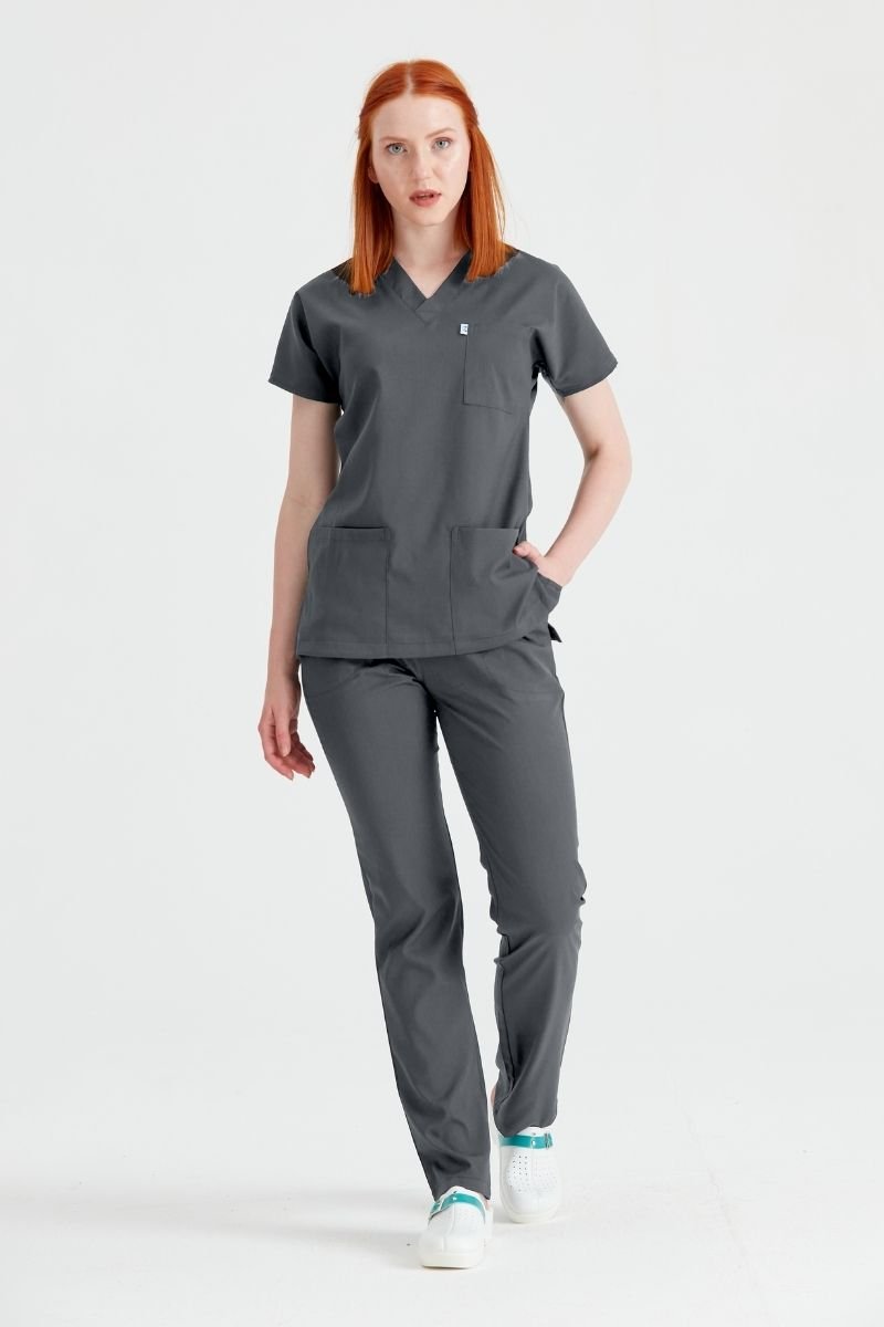Costum Medical Elastan, Gri Inchis, Pentru Femei - Dark Grey - Model Classic Flex