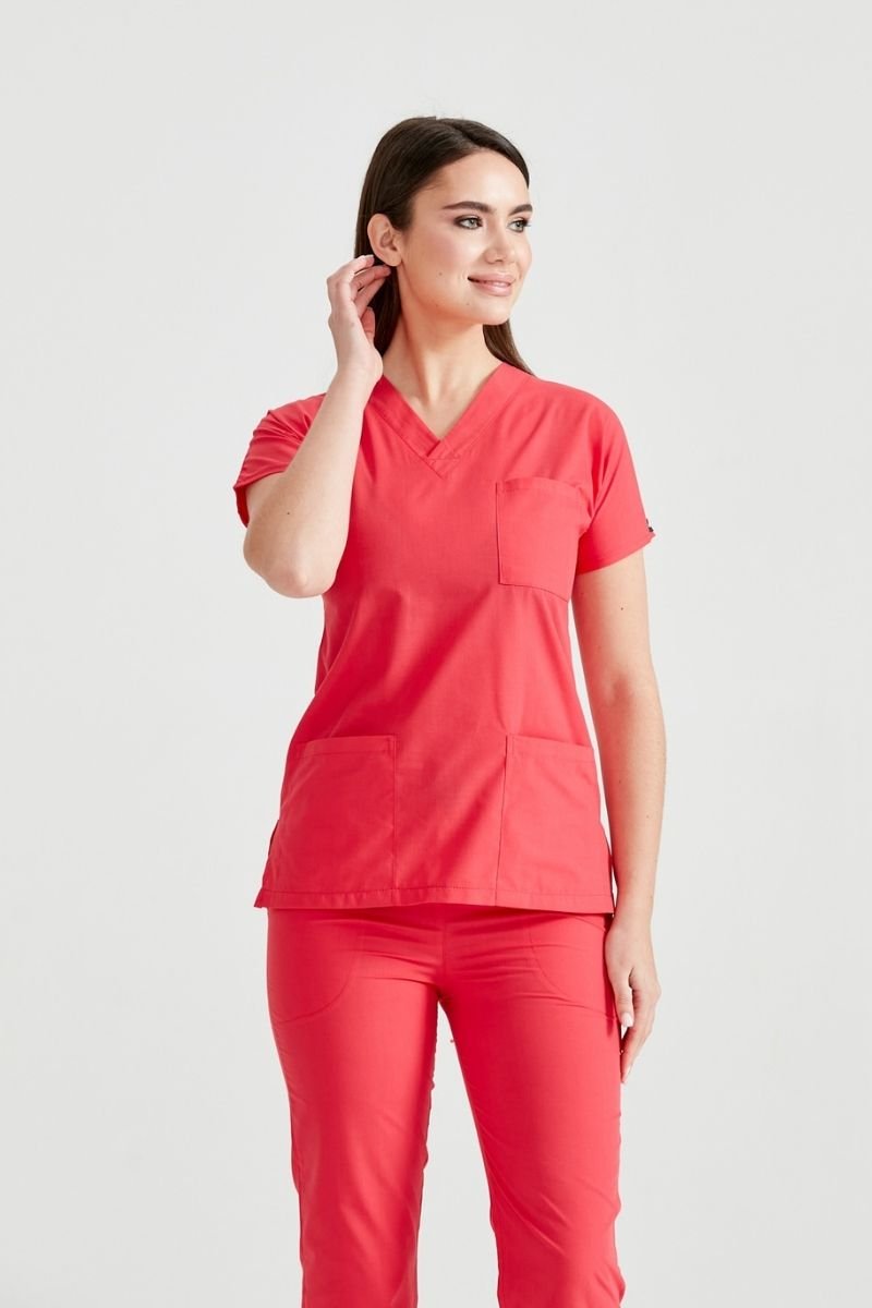 Costum Medical Elastan Rosu Corai, Pentru Femei - Coral - Model Classic Flex