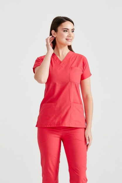Costum Medical Elastan Rosu Corai, Pentru Femei - Coral - Model Classic Flex