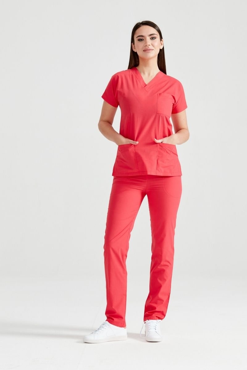 Costum Medical Elastan Rosu Corai, Pentru Femei - Coral - Model Classic Flex