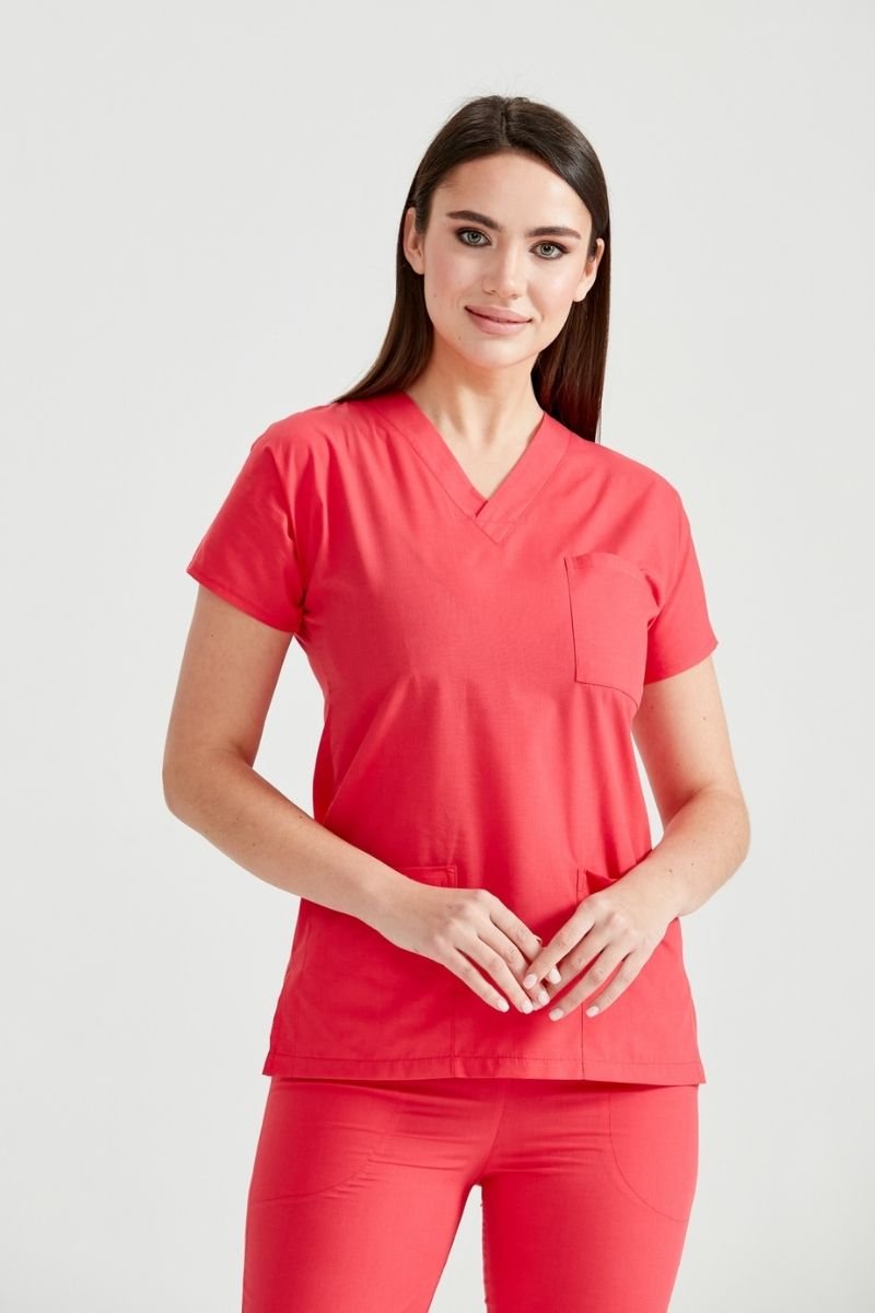 Costum Medical Elastan Rosu Corai, Pentru Femei - Coral - Model Classic Flex