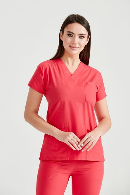 Costum Medical Elastan Rosu Corai, Pentru Femei - Coral - Model Classic Flex
