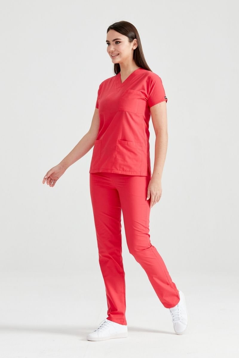 Costum Medical Elastan Rosu Corai, Pentru Femei - Coral - Model Classic Flex