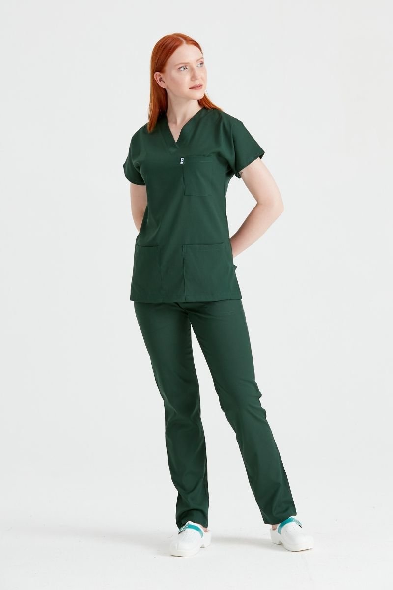 Costum Medical Elastan Verde Kaki, Pentru Femei- Model Classic Flex