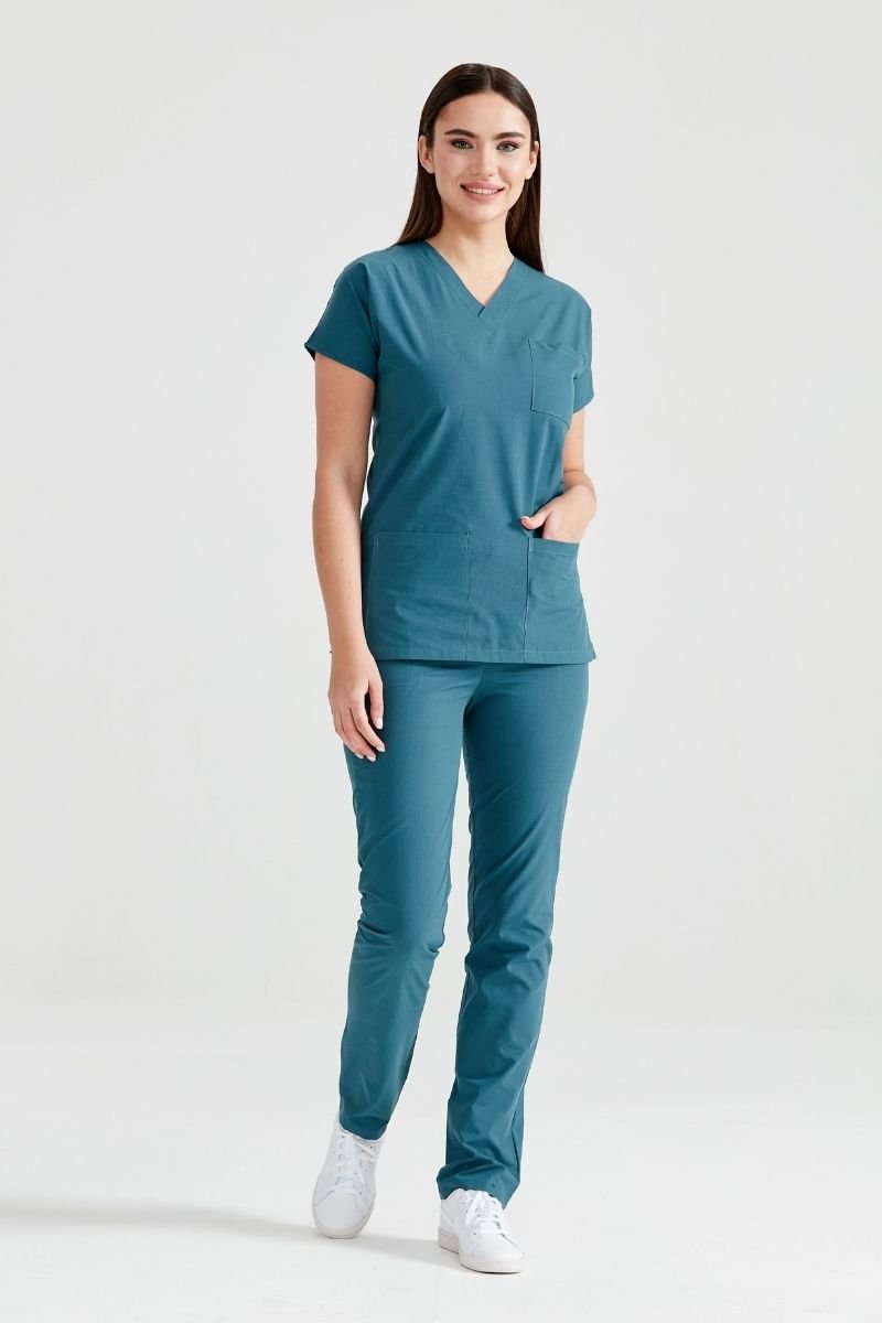 Costum Medical Elastan Verde Petrol Pentru Femei - Model Classic Flex