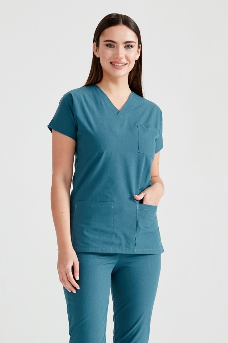 Costum Medical Elastan Verde Petrol Pentru Femei - Model Classic Flex