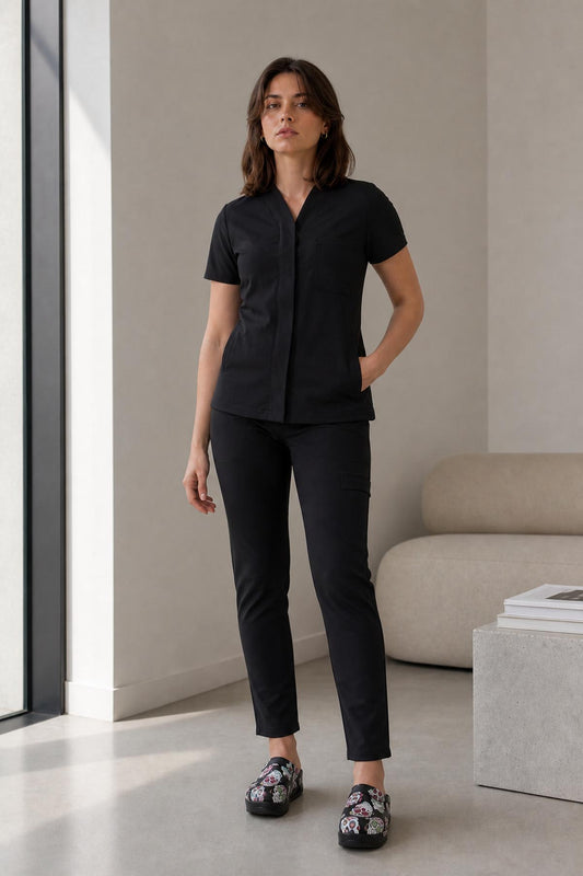 Costum medical din elastan pentru femei, Negru model Infinity